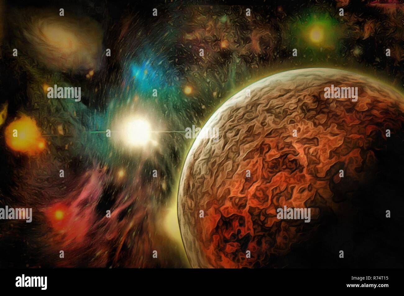 Illustration. Mystic planet in vivid universe. Stock Photo