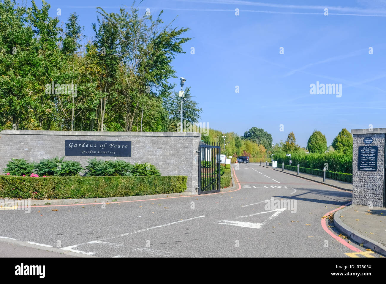 Hainault, Essex, UK - October 5, 2018: View of the entrance to the Gardens of Peace Muslim cemetery in Forest Road, Hainault, Essex. Stock Photo