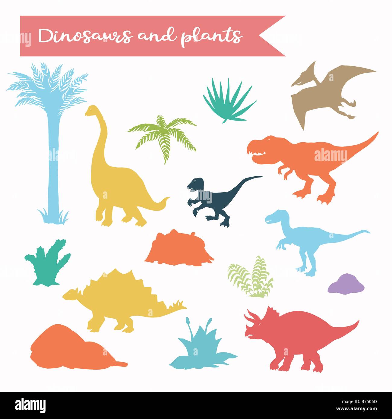 Vector dinosaur silhouette set over white background Stock Vector