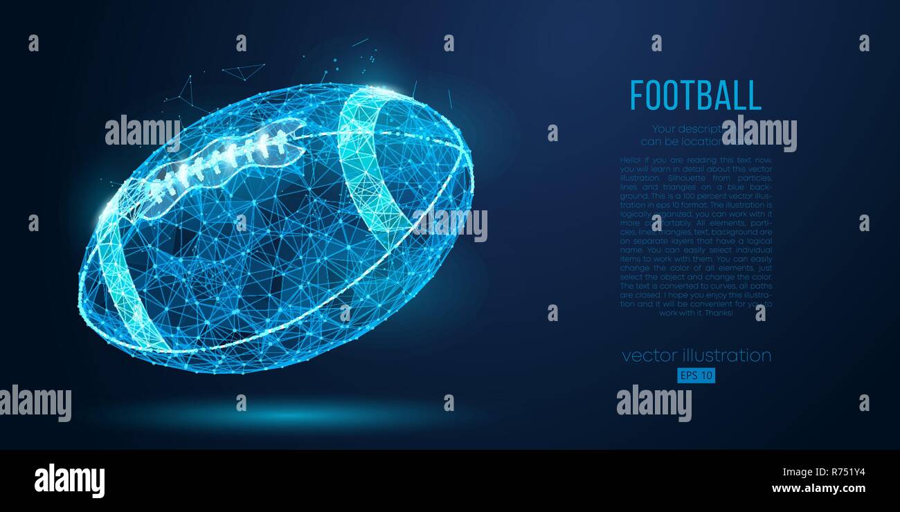 Abstract American football ball from particles, lines and triangles on blue background. Cyber technology rugby. All elements on a separate layers color can be changed in one click. Vector illustration Stock Vector