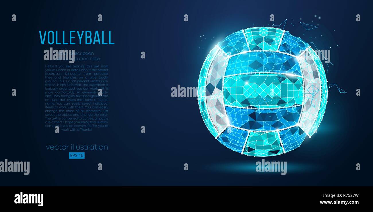 Abstract silhouette of a volleyball ball from particles, lines and triangles on blue background. Neon light. Elements on a separate layers color can be changed in one click. Vector illustration Stock Vector