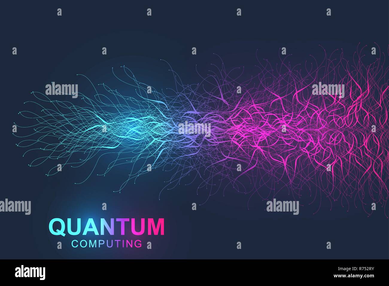 Quantum computer technology concept. Deep learning artificial intelligence. Big data algorithms visualization for business, science, technology. Waves flow. Vector illustration. Stock Vector