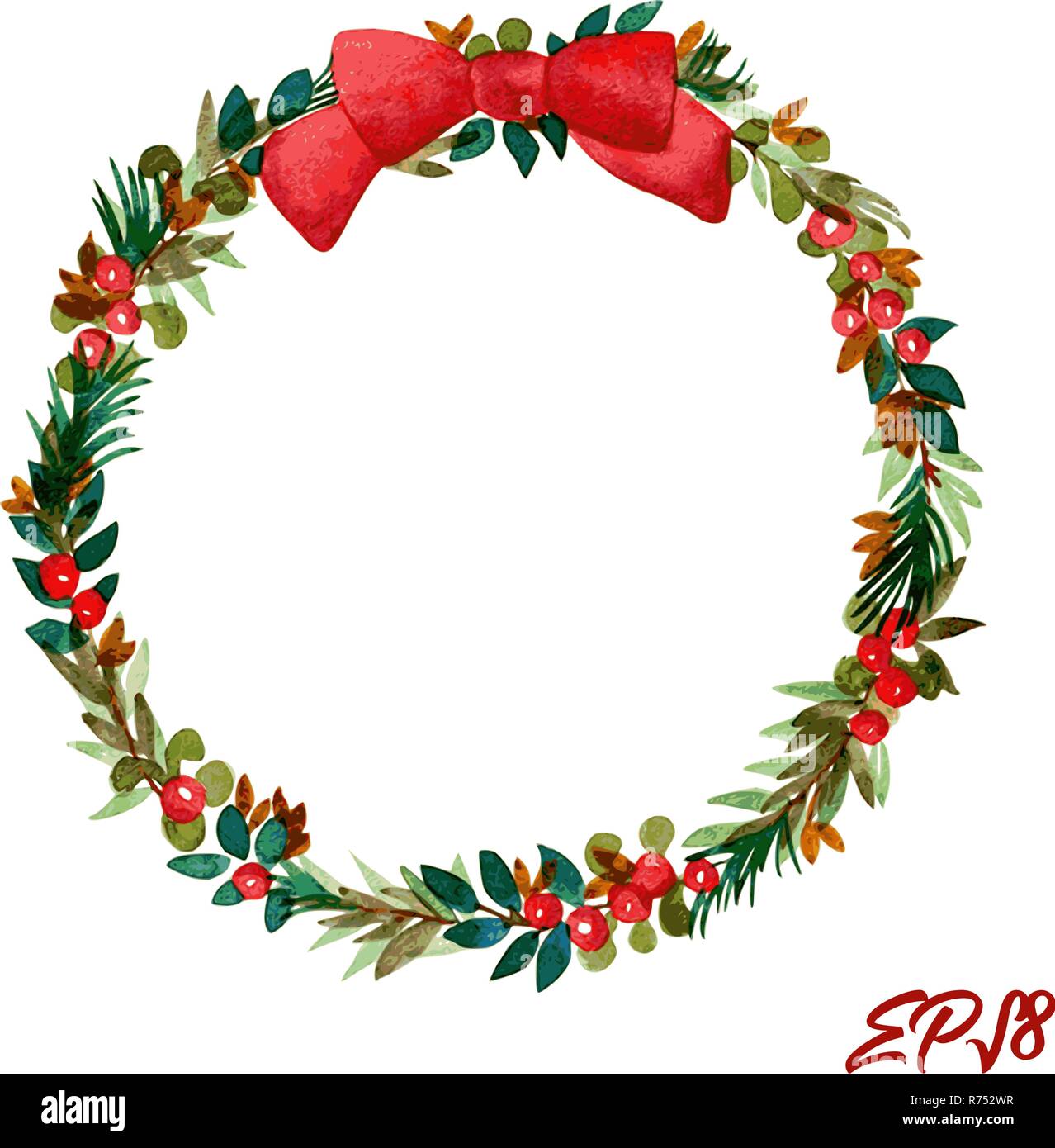 Christmas wreath with beautiful red bow and berries. Vector hand ...