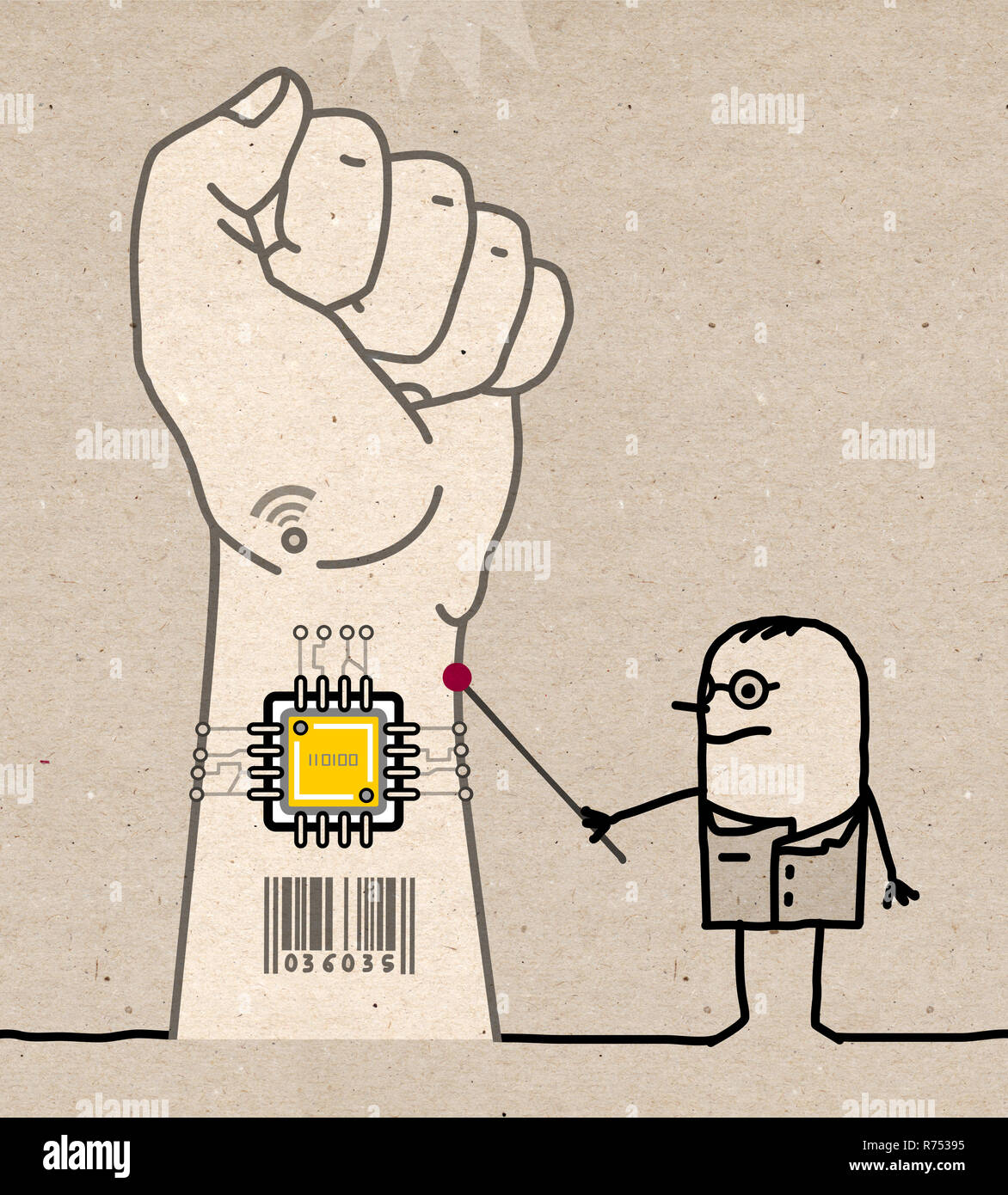 Cartoon Doctor Showing A Microchip Implant in Wrist- illustration on textured brown paper Stock Photo