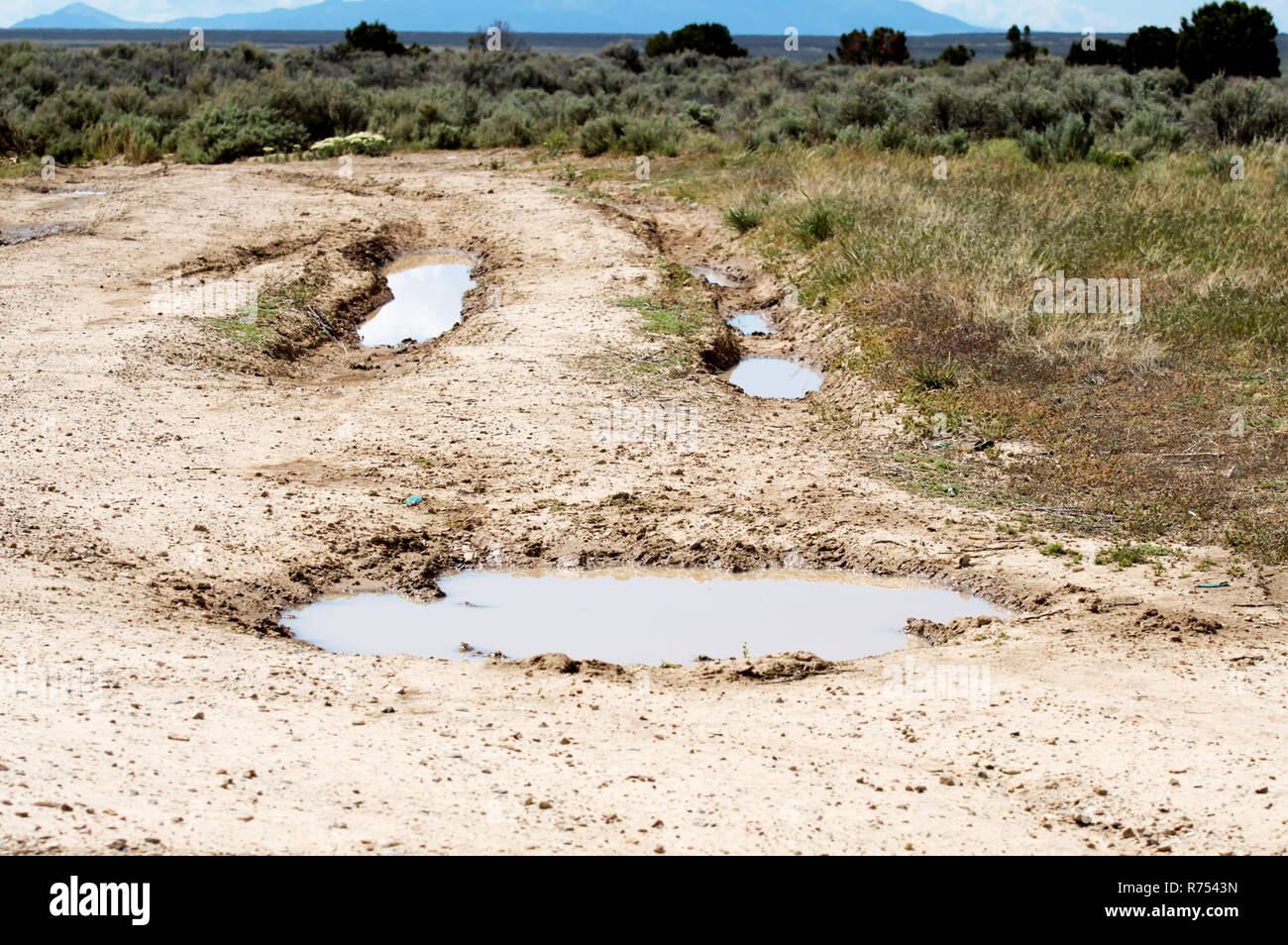 Water filled ruts in mud that looks like a smiley face. Stock Photo