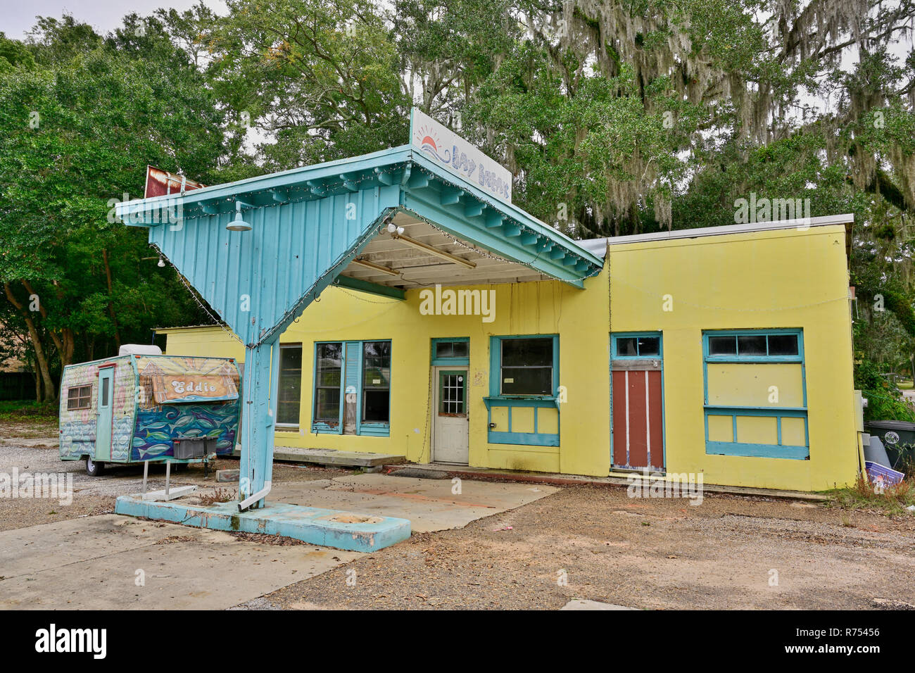 Closed repurposed gas station made into Bay Break a closed diner, or cafe or restaurant, in