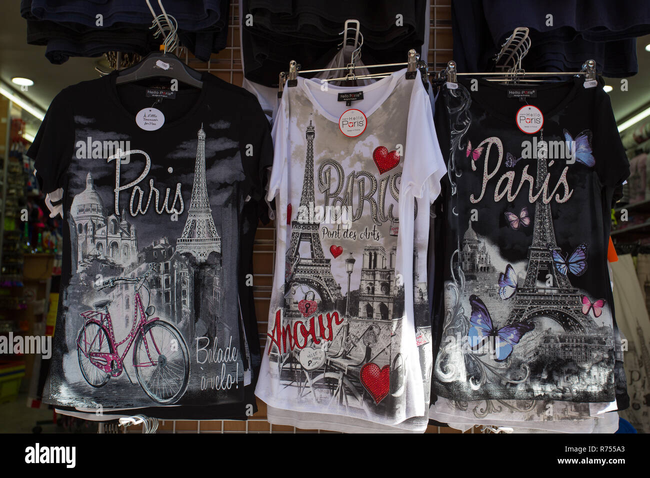 PARIS, FRANCE, SEPTEMBER 7, 2018 - T - Shirts with Paris logo on sale in Montmartre souvenir shop in Paris, France Stock Photo