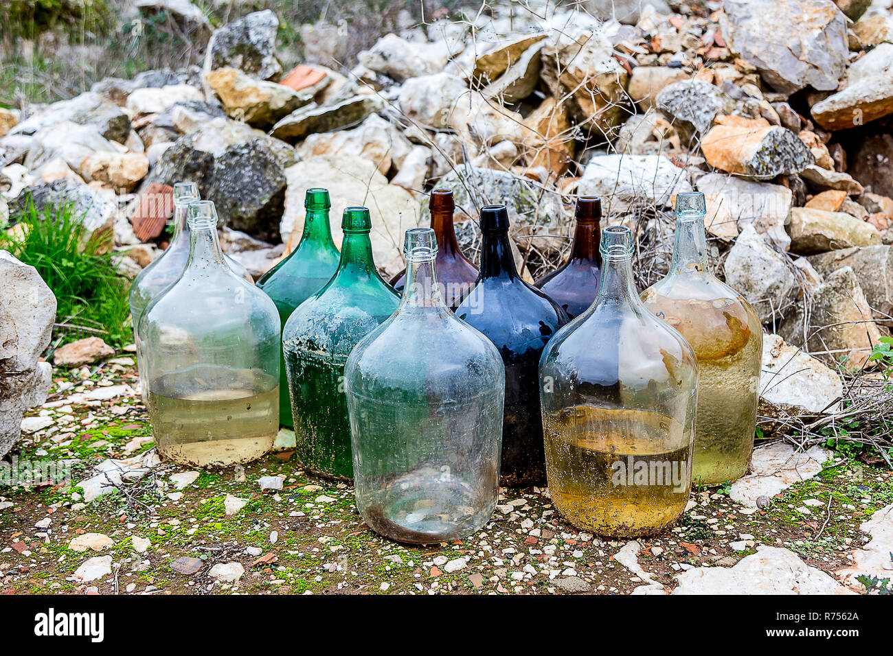 Old Glass Wine Jug's With Several Colors Stock Photo Alamy