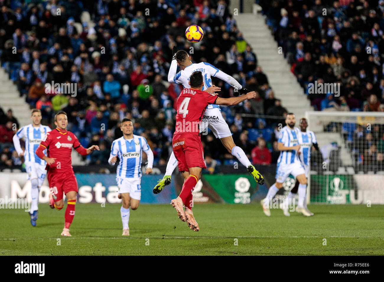 CD Leganes' Youssef En-Nesyri and Getafe CF's Bruno Gonzalez fight for the ball during the La Liga match between CD Leganes and Getafe CF at Butarque Stadium in Leganes, Spain. (Final score: CD Leganes 1 - 1 Getafe CF) Stock Photo