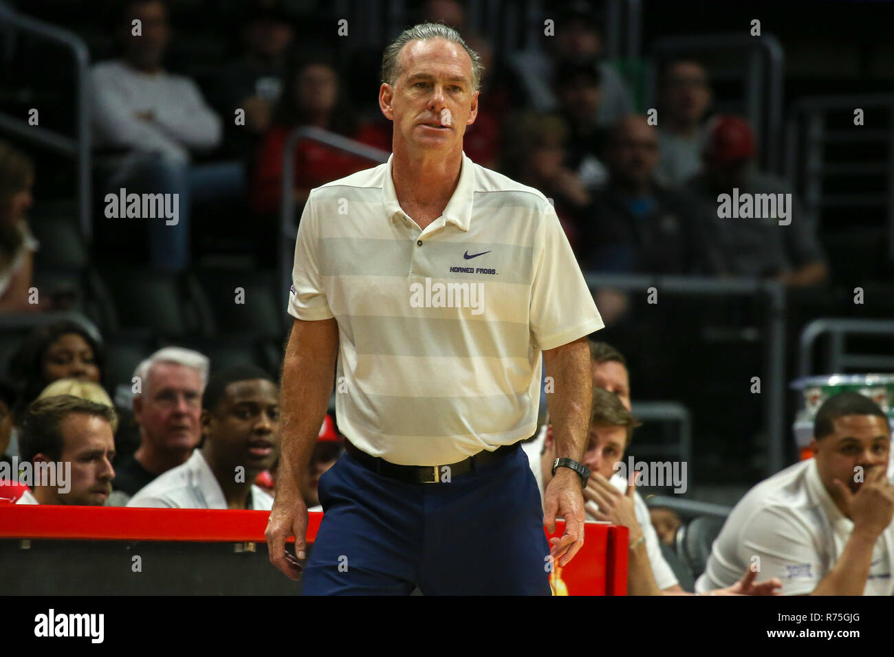Los Angeles, CA, USA. 07th Dec, 2018. TCU Horned Frogs head coach Jamie Dixon during the Hall of Fame Classic College basketball game on December 7, 2018 at the Staples Center in Los Angeles, CA. (Photo by jordon Kelly/CSM) Credit: csm/Alamy Live News Stock Photo