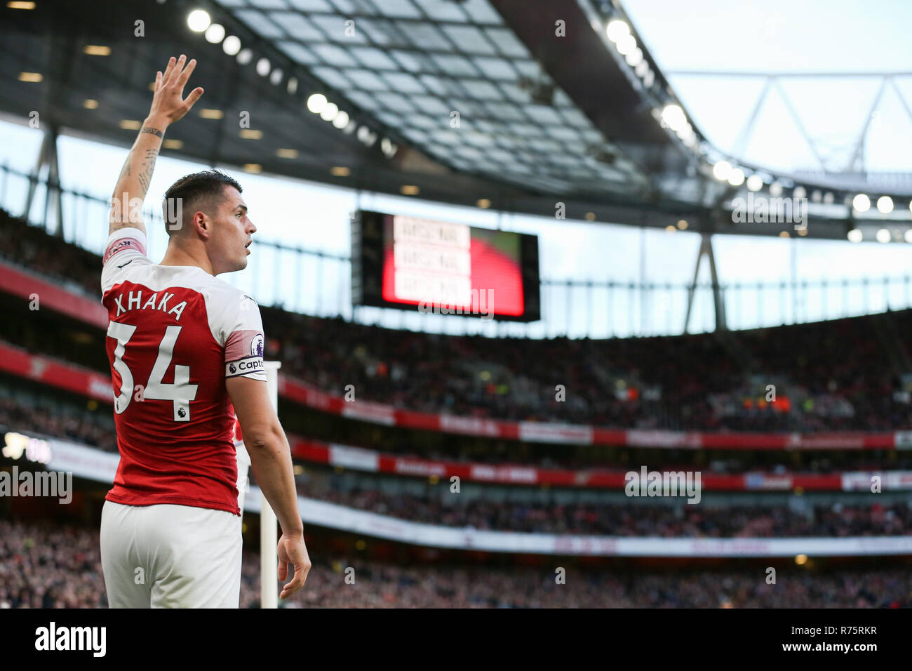 London, UK. 8th December 2018. Granit Xhaka of Arsenal during the Premier League match between Arsenal and Huddersfield Town at Emirates Stadium Editorial use only, licence required for commercial use. No use in betting, games or a single club/league/player publications.Credit: PHC Images/Alamy Live News Stock Photo