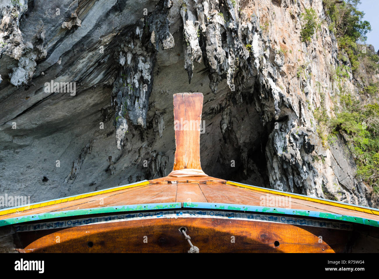 Longtail boat and limestone rocks, Phang Nga Bay, Thailand Stock Photo