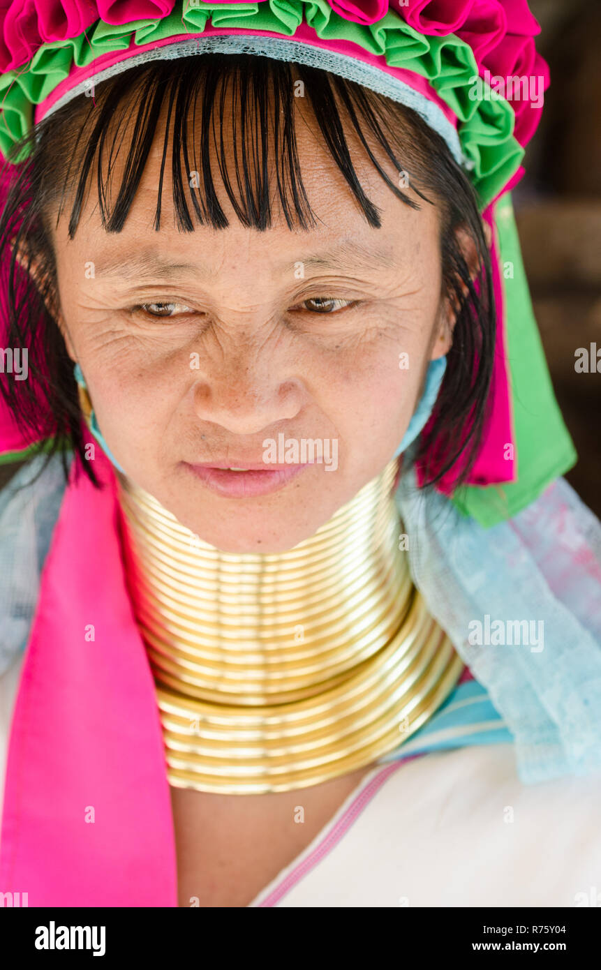 Portrait of a Kayan woman, Baan Tong Luang, Thailand Stock Photo