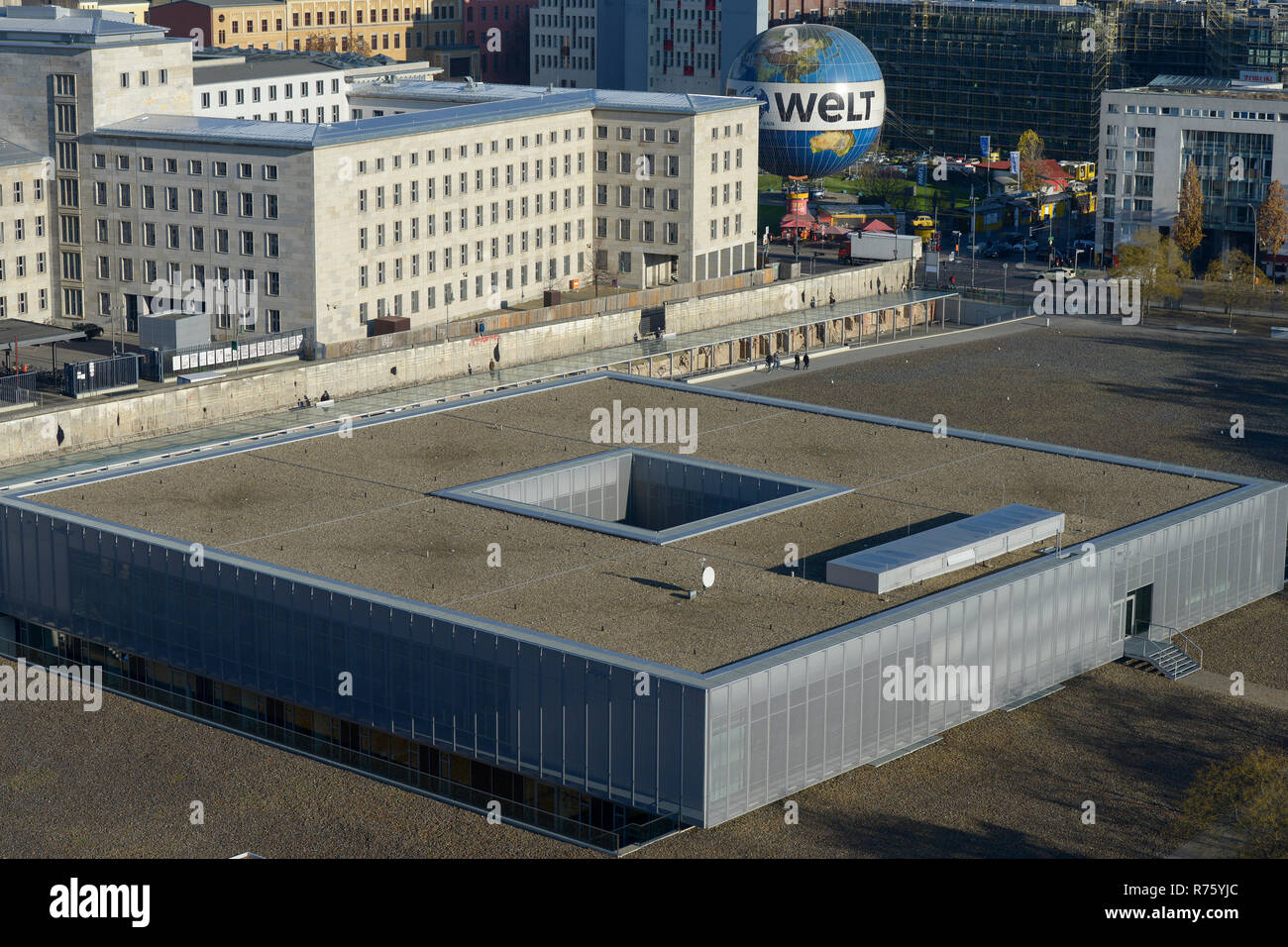 GERMANY, capital city Berlin, Museum Topograhie des Terrors, museum topography of terror documentating Nazi terror from 1933-1945, built on the location of former GESTAPO headquarter, the notorious secret police of the Nazi Regime, behind section of Berlin wall and german ministry of finance, this building was during Nazi time the headquarter of Reichsluftfahrtministerium, Nazi aviation ministry, also seen a balloon with advertisement: Die Welt - The world, a german daily newspaper Stock Photo