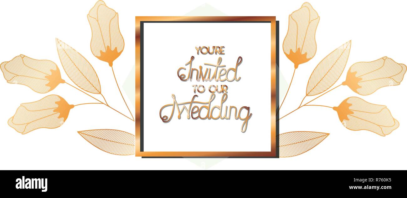 wedding invitation in frame golden with flowers Stock Vector Image ...