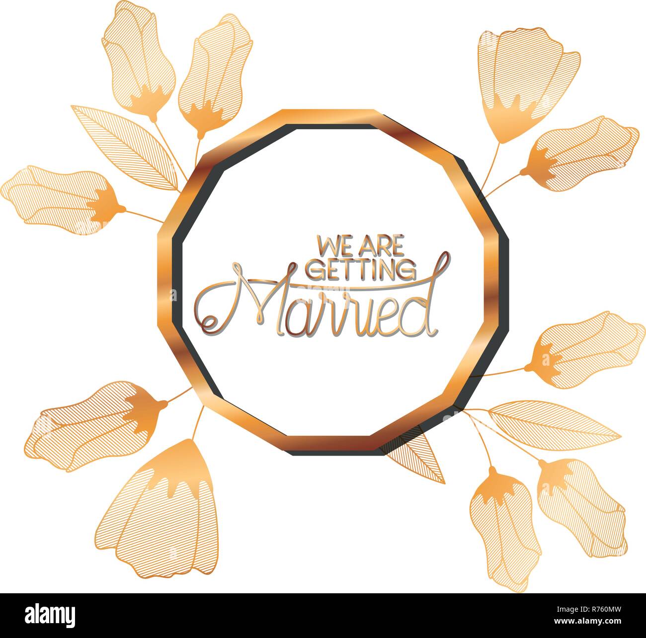 wedding invitation in frame golden with flowers Stock Vector Image ...