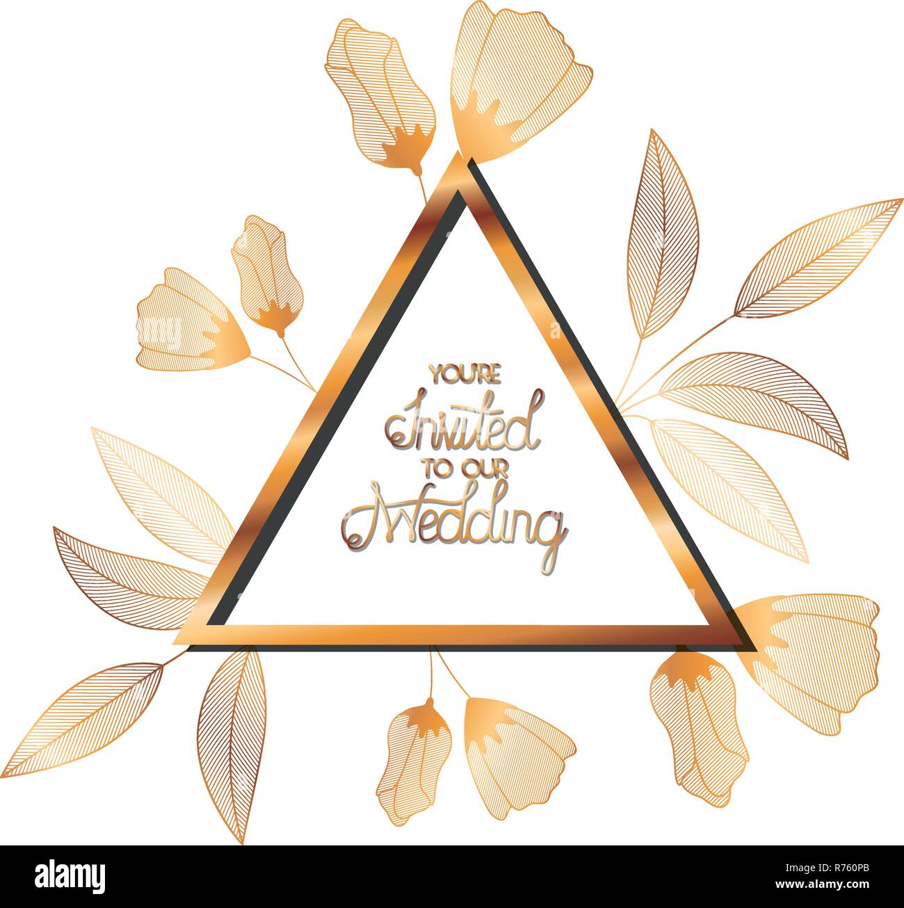 wedding invitation in frame golden with flowers Stock Vector Image ...