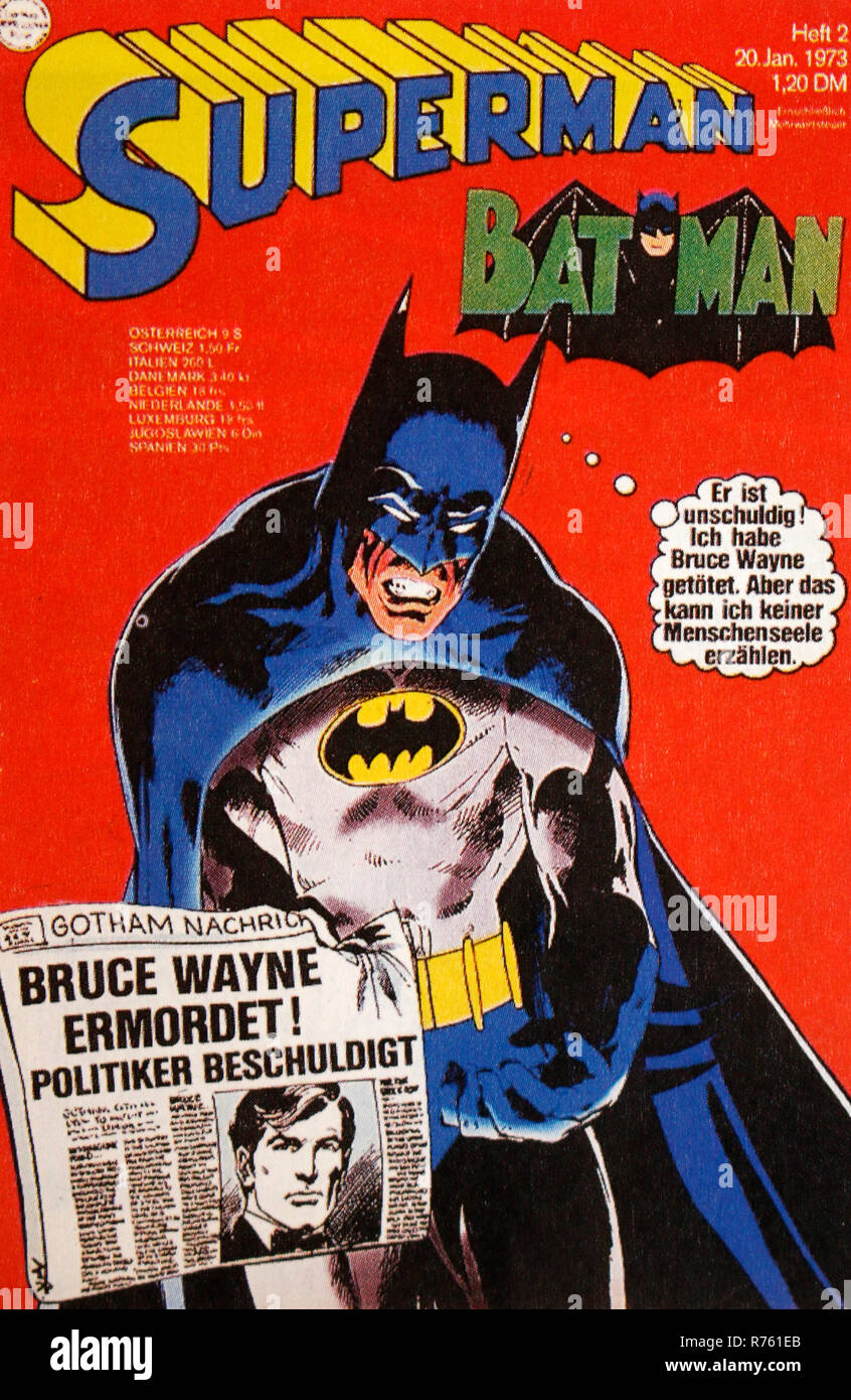 ein historisches Comic-Heft mit den Superhelden Superman und batman, Berlin. Stock Photo