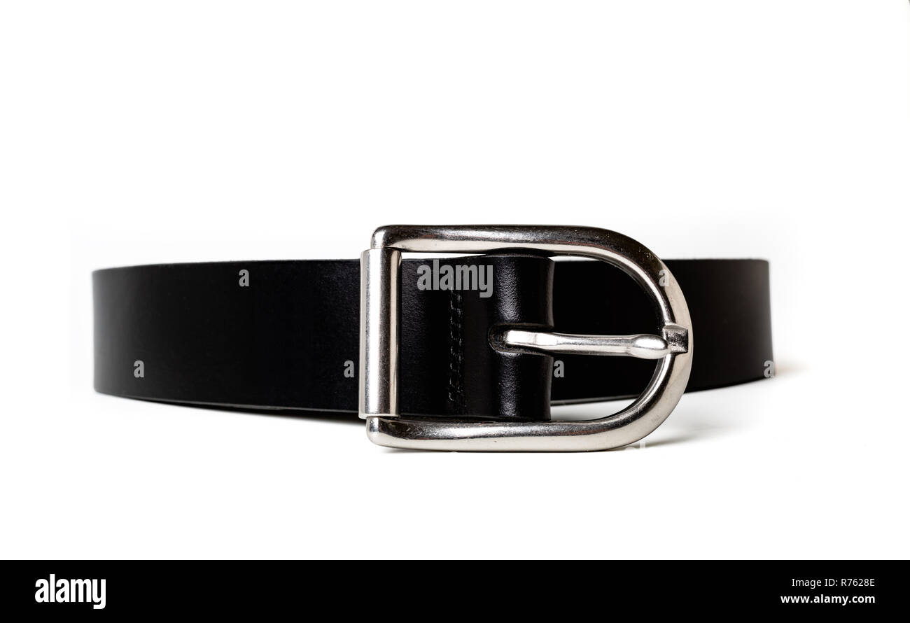 Black leather belt with silver buckle Stock Photo - Alamy
