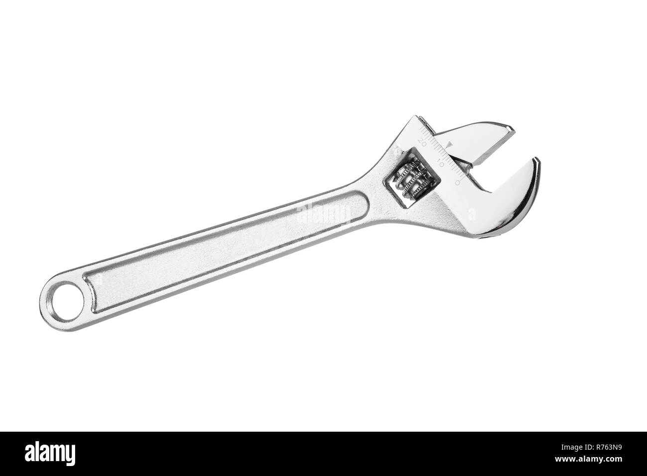 An adjustable crescent wrench tool on a white background Stock Photo