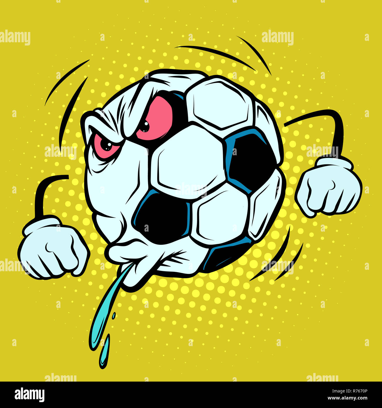Spitting, fan reaction. Football soccer ball. Funny character Stock