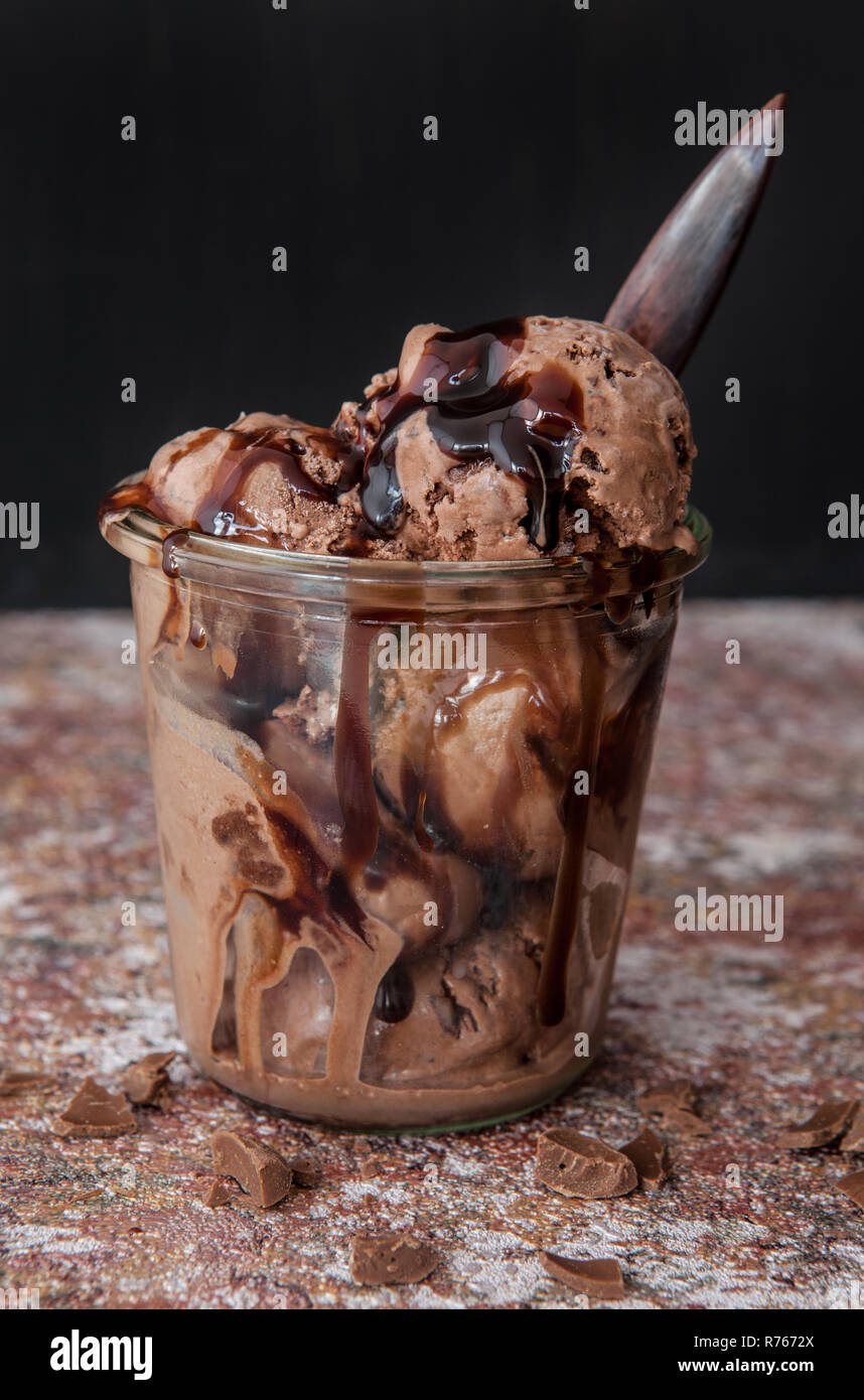 chocolate ice cream with chocolate sauce Stock Photo