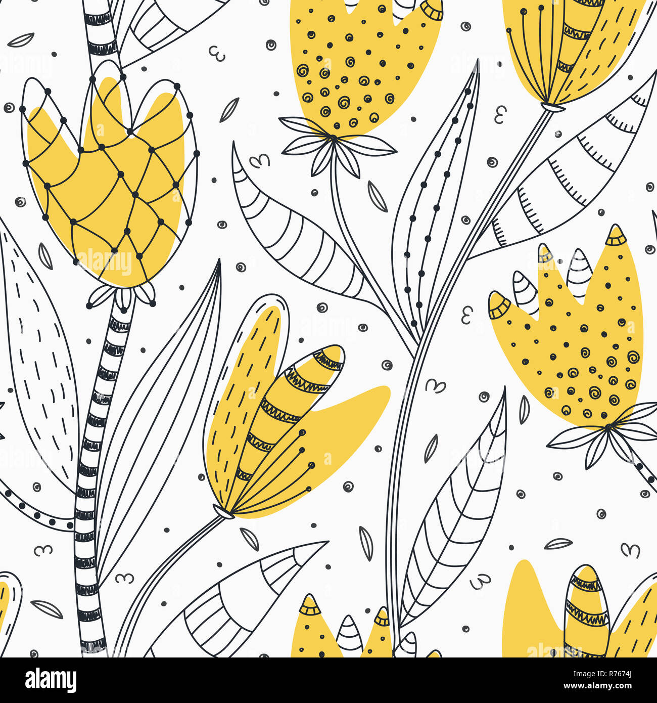 Floral seamless pattern. Hand drawn creative abstract flowers with doodle decoration. Colorful artistic design. It can be used for wallpaper, textiles, wrapping, card Stock Photo