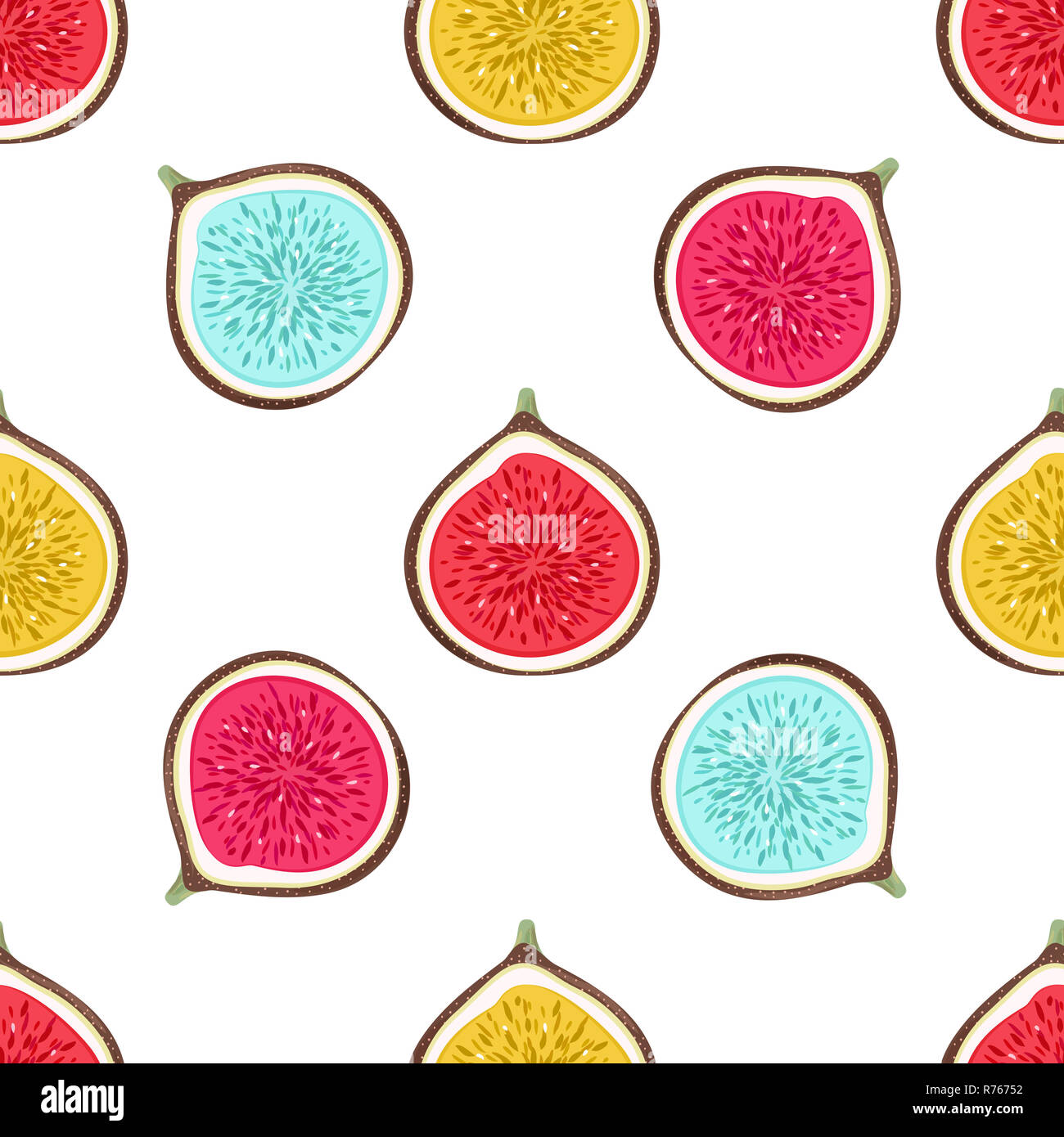 Seamless pattern with abstract varicoloured halves figs. Healthy dessert. Fruity repeating background. Hand drawn fruits. Wrapping, print on clothes, wallpaper, summer banner Stock Photo