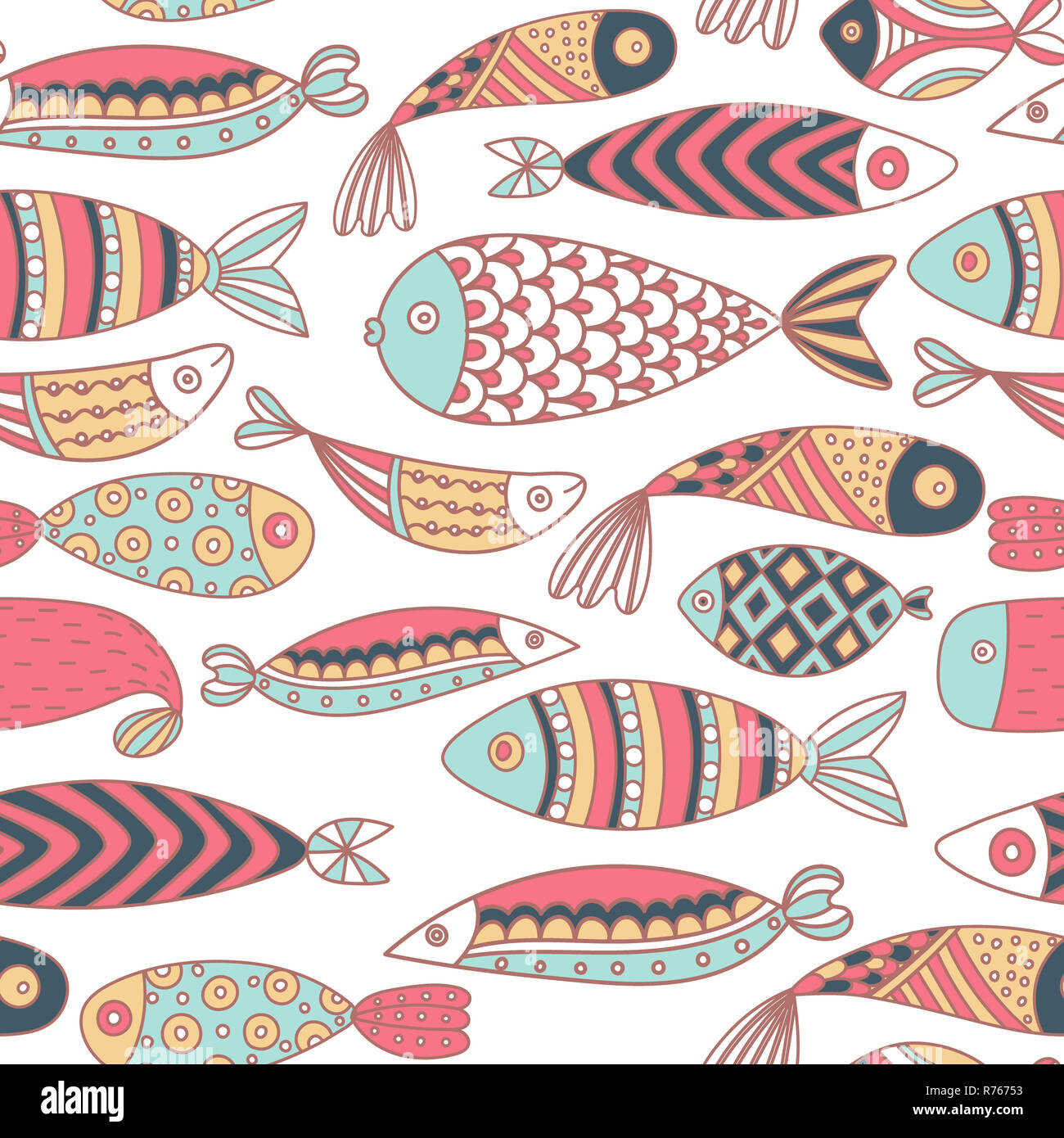 Seamless pattern with fishes. Hand drawn undersea world. Colorful artistic background. Aquarium. Can be used for wallpaper, textiles, wrapping, card, cover Stock Photo