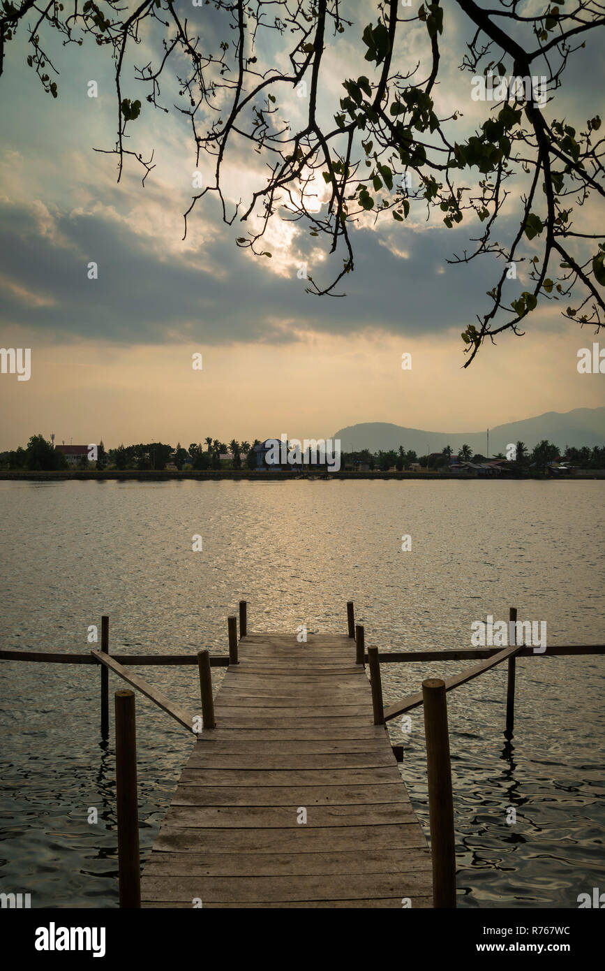 Kompot View pier and river view at sunset in kampot town cambodia Stock Photo - Alamy
