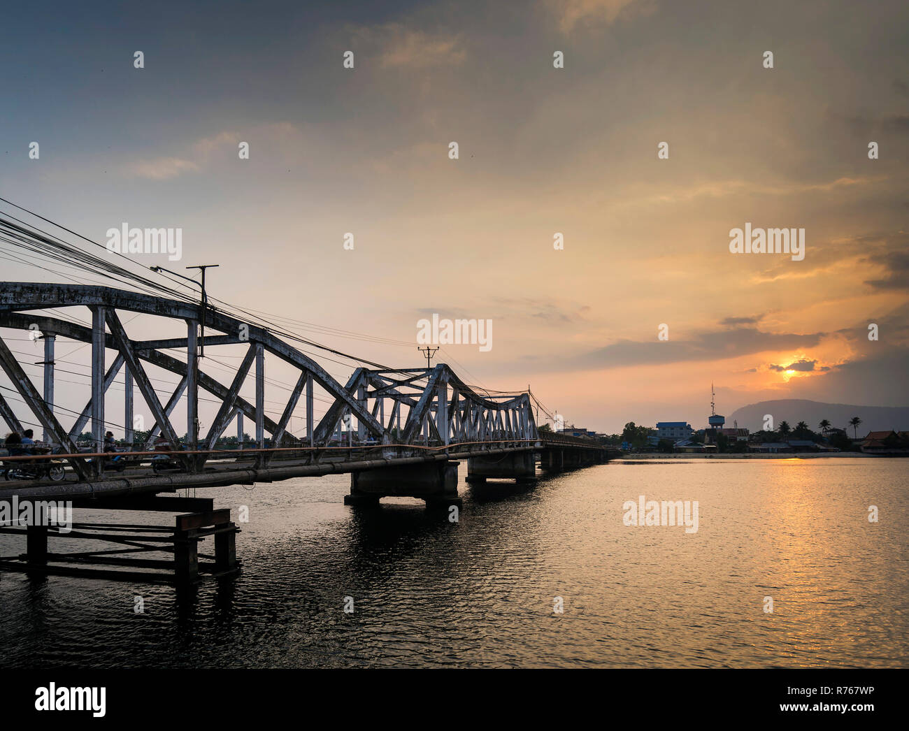Kompot View bridge and river at sunset in kampot cambodia Stock Photo - Alamy