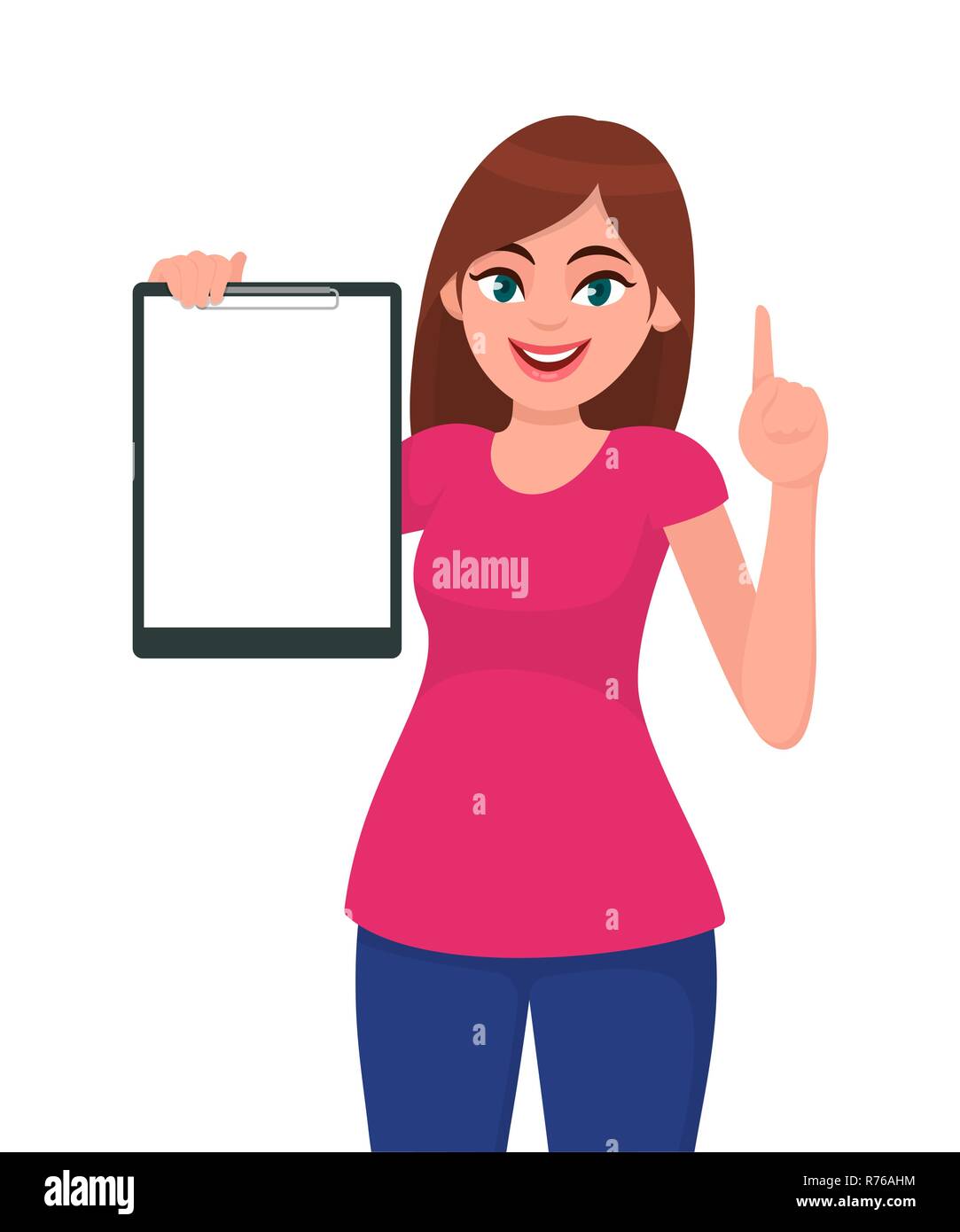 Happy smiling beautiful young woman  holding / showing a blank clipboard and pointing up index finger, while standing against white background. Concep Stock Vector