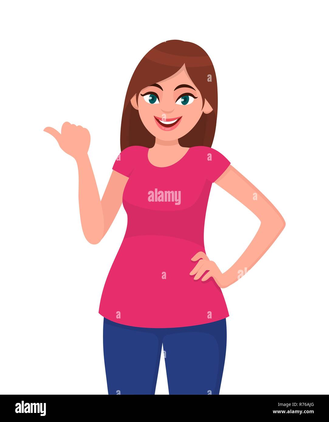 Young woman pointing thumb finger to copy space side away. Girl holding hand on hip and presenting or introducing something. Human emotion and gesture Stock Vector