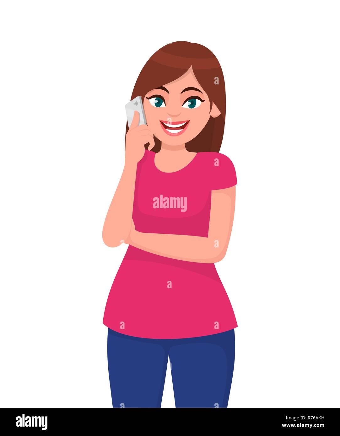 Smiling beautiful young woman talking on smart phone and showing or gesturing hand to copy space side away. Modern lifestyle and communication concept Stock Vector