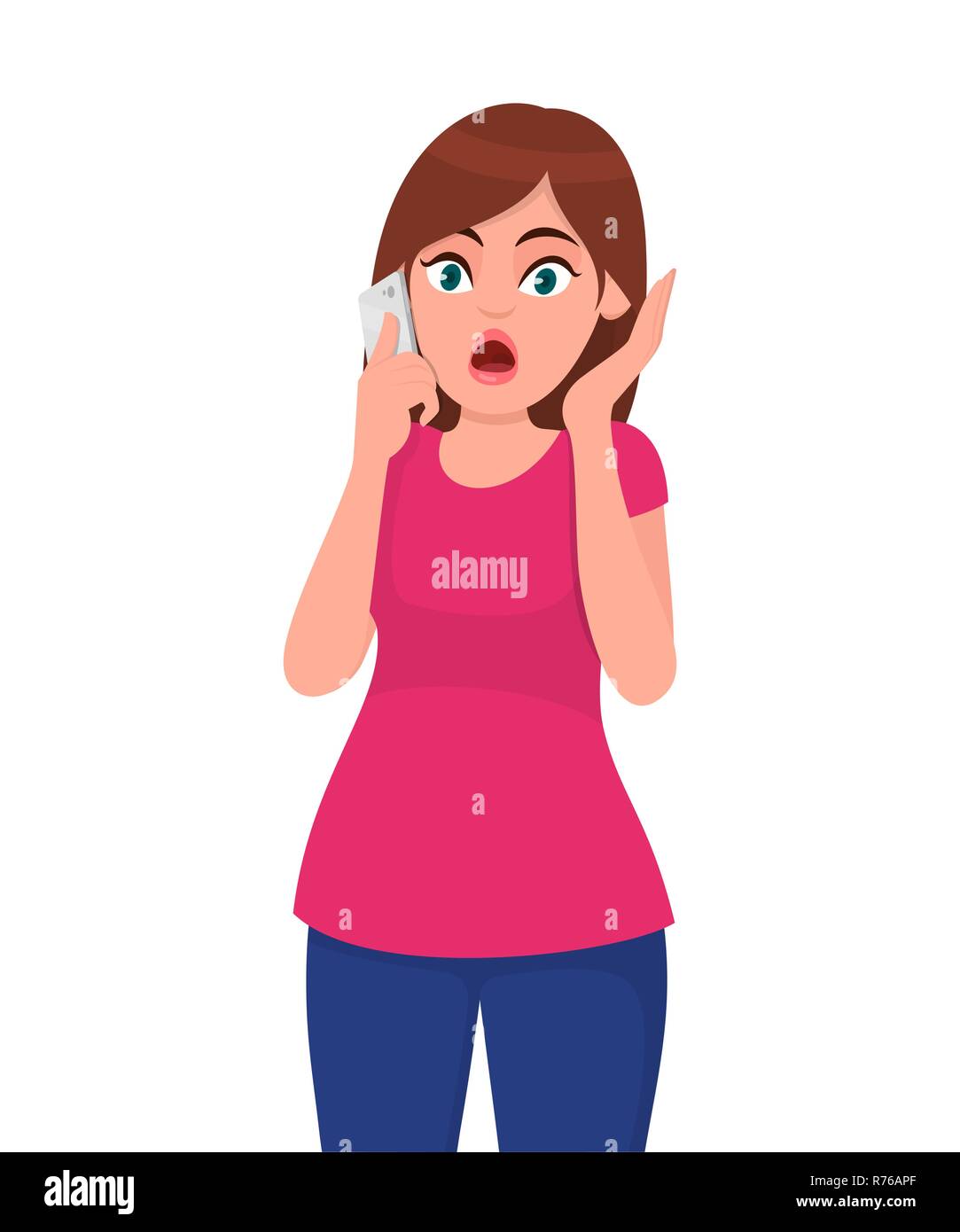 Shocked young woman talking on the  smart phone or mobile phone scared in shock with a surprise face. Amazed frowning female calling. Human emotions a Stock Vector