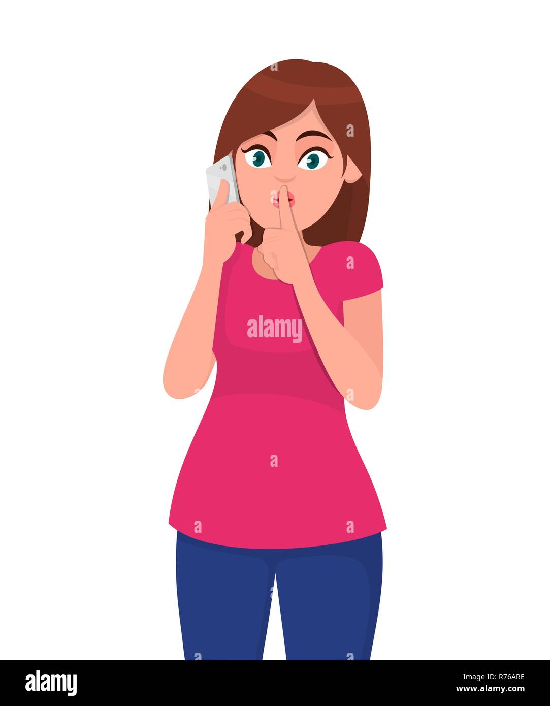 Beautiful young woman talking on a mobile or smartphone and asking for silence, keep quiet. Woman speaking on phone and making silence gesture. Emotio Stock Vector