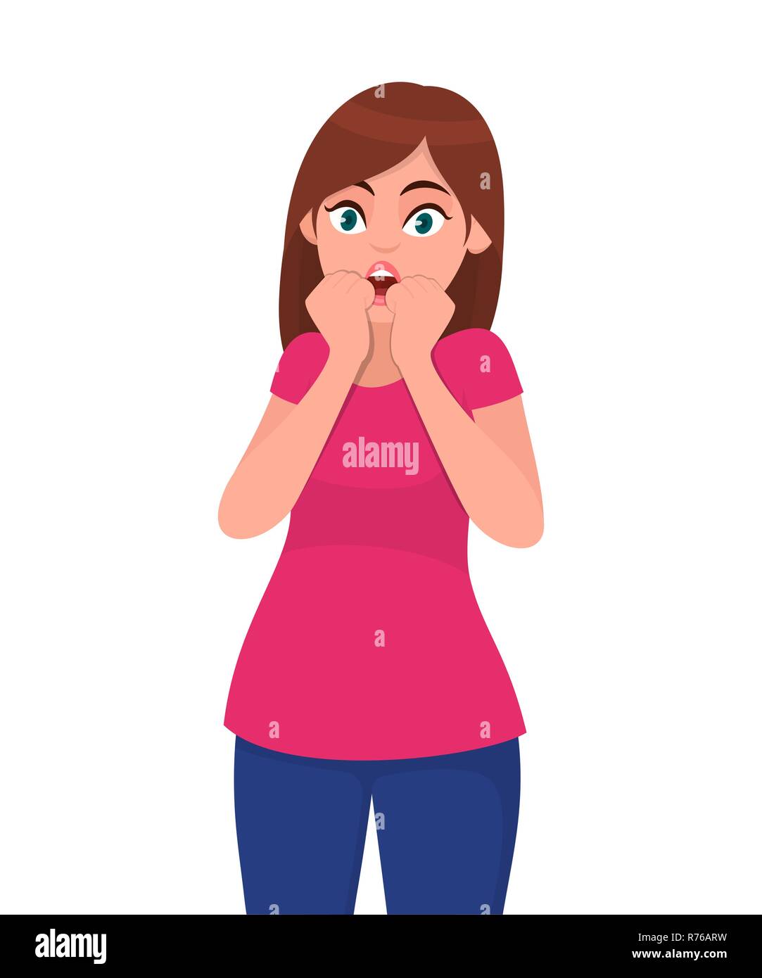 Scared, terrified, shocked woman keeps hands near opened mouth, looks with fearful expression, opens eyes widely. Emotion and body language concept il Stock Vector