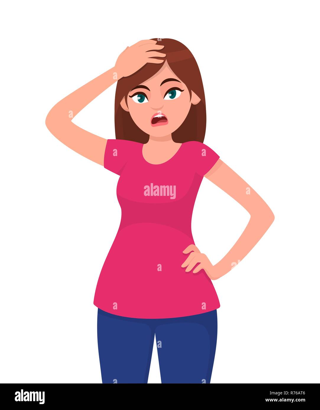 Unhappy, depressed or frustrated  young woman holding / squeezing  hand on her head. Human emotion and body language concept. Stress, tension and migr Stock Vector