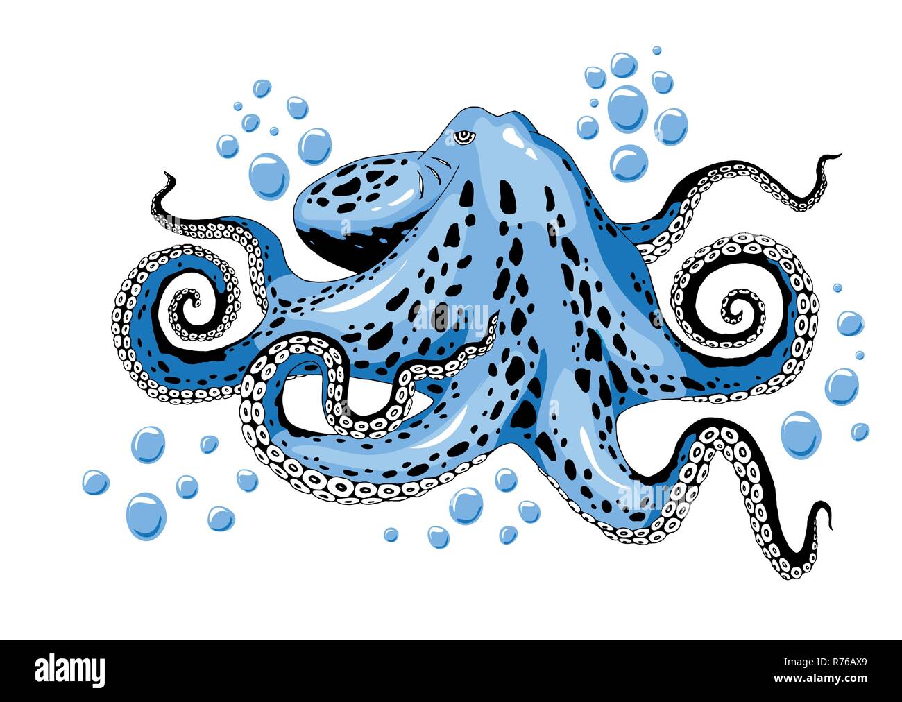Cartoon skye blue octopus clip-art isolated on white background illustration Stock Vector