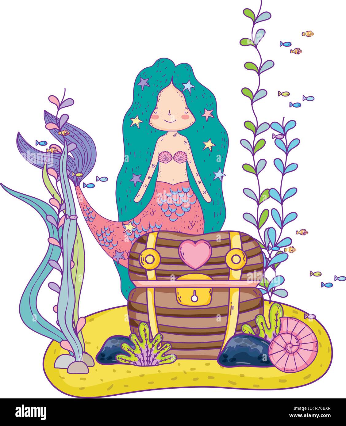 cute mermaid with treasure chest undersea Stock Vector Image & Art - Alamy