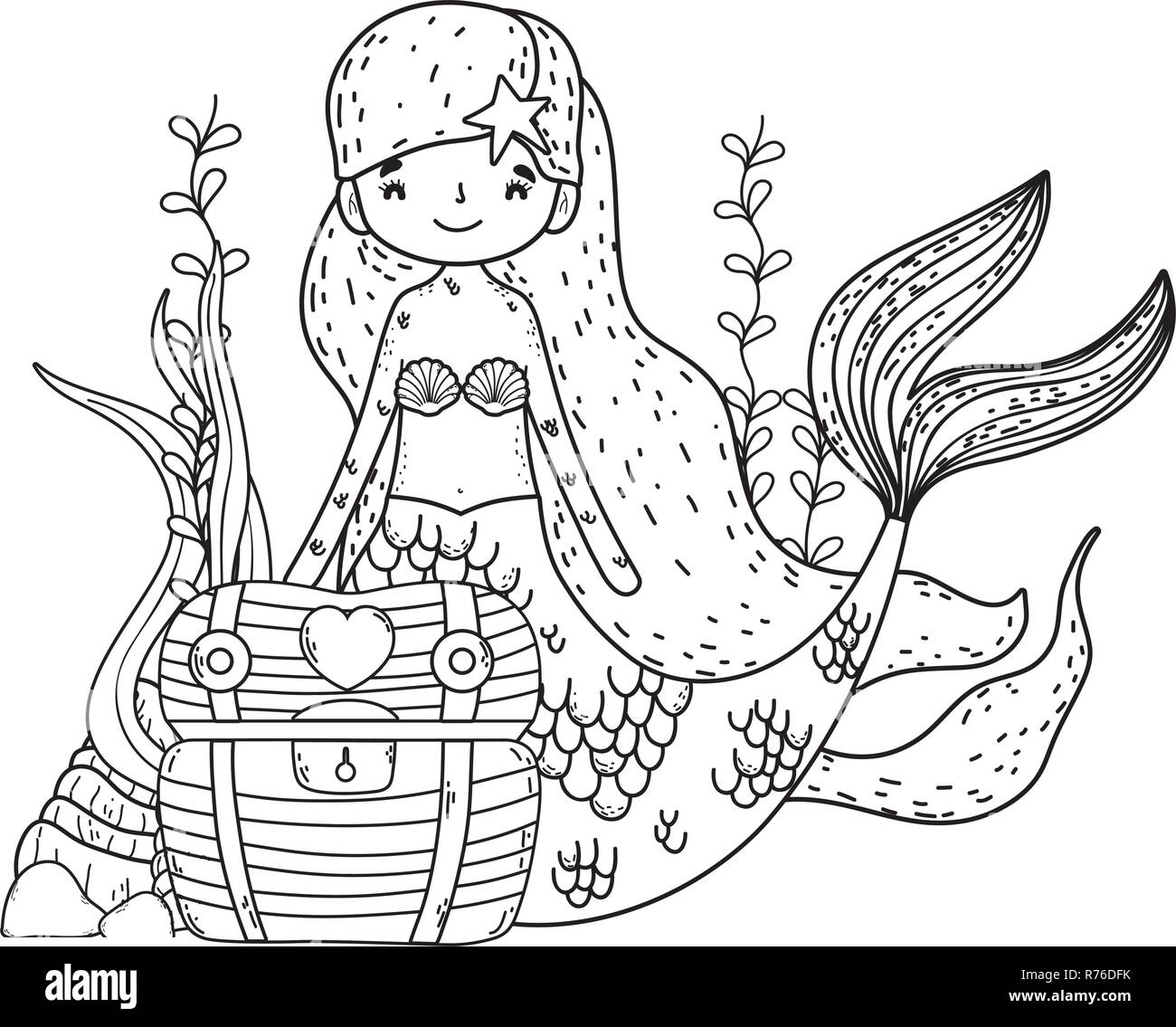 mermaid with treasure chest undersea scene Stock Vector Image & Art - Alamy