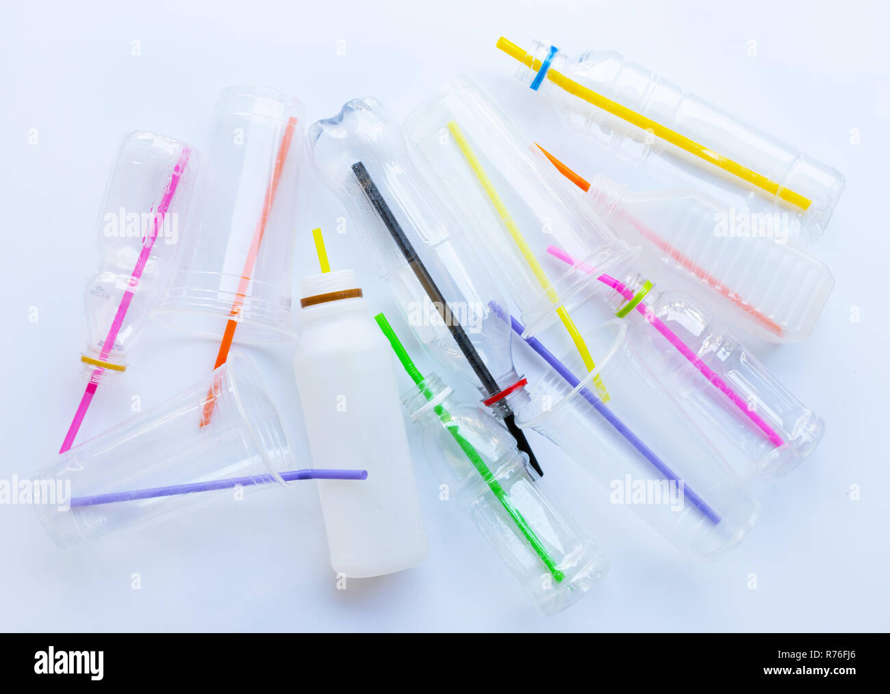 Plastic Waste Pollution, Plastic bottles, cups, straws for recycle Stock Photo