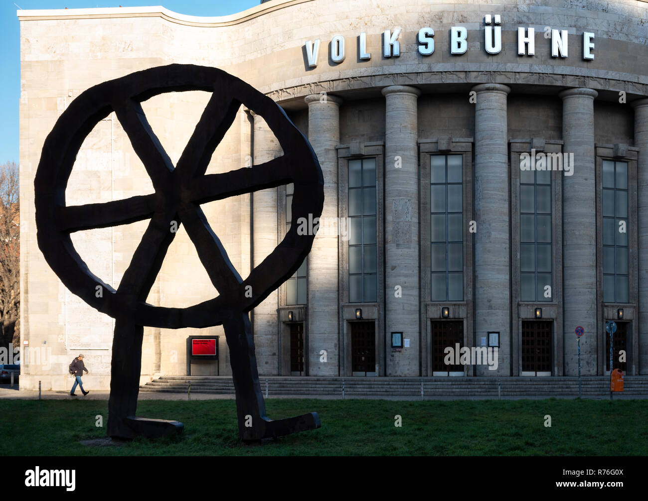 Berlin Volksbuhne on the Rosa-Luxemburg-Platz with Räuber-Rad or robber's wheel indicating trouble. Stock Photo