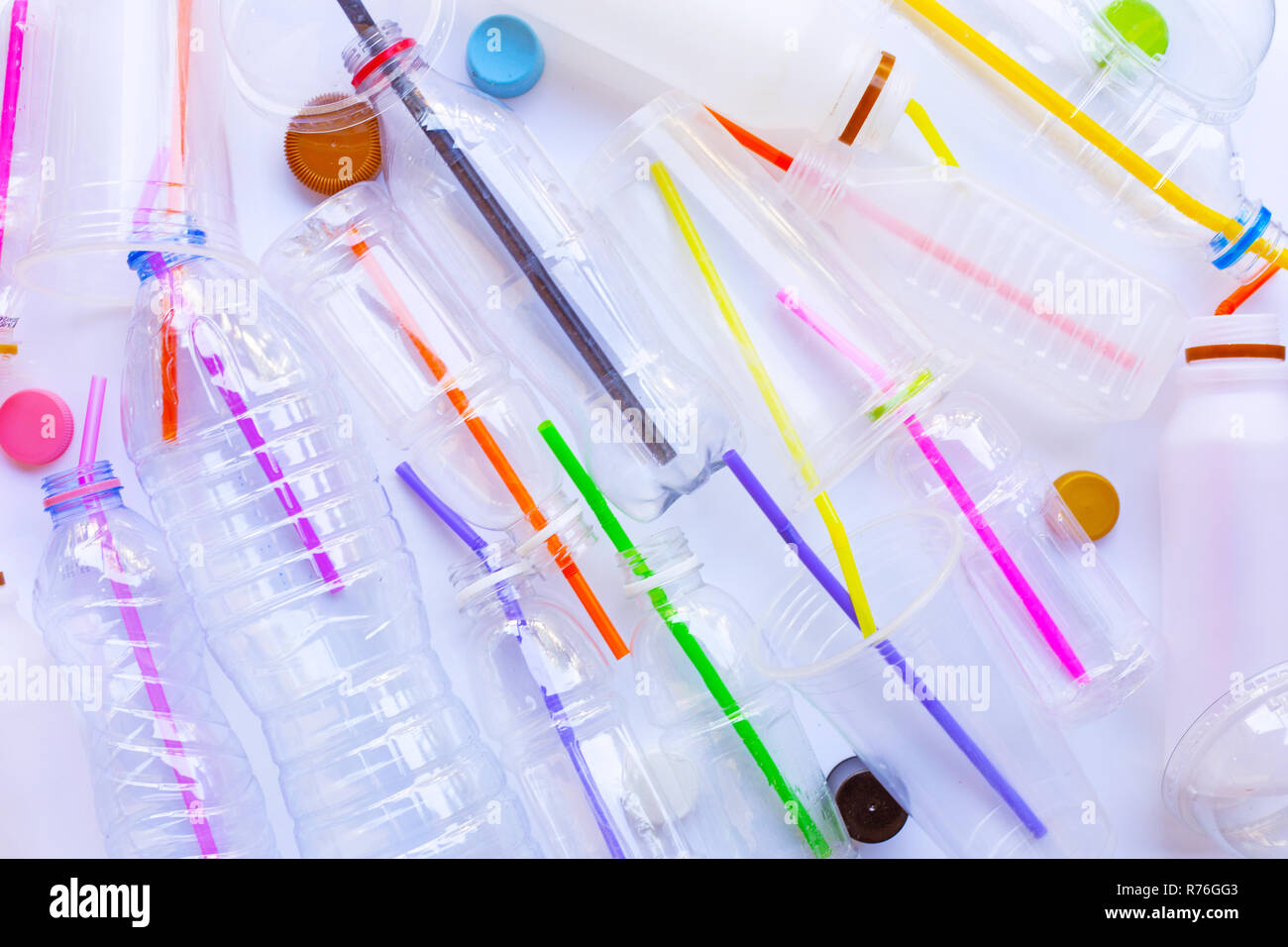 Plastic Waste Pollution, Plastic bottles, cups, straws for recycle Stock Photo