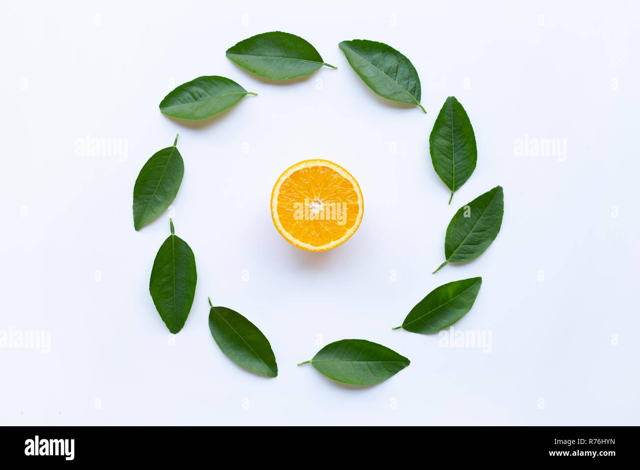 Orange with circle frame made of green leaves isolated on white ...