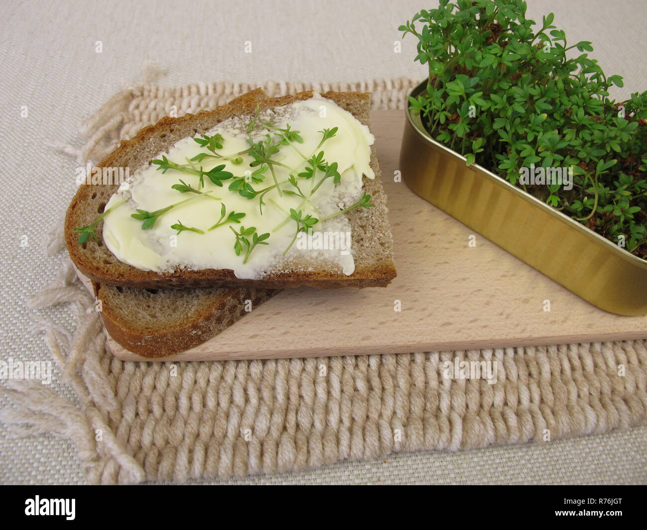 butter bread with cress sprouts in the fish can Stock Photo