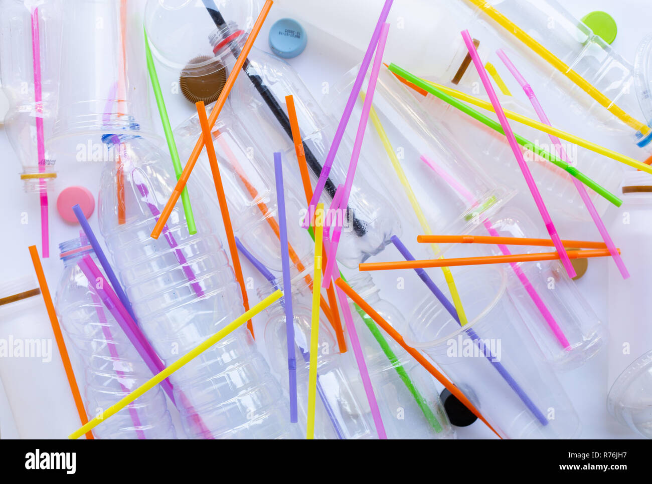 Plastic Waste Pollution, Plastic bottles, cups, straws for recycle Stock Photo