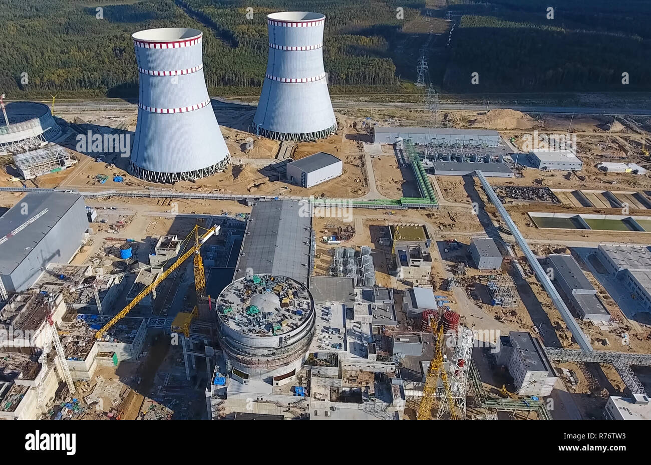 Aerial survey of a nuclear power plant under construction. Installation and  construction of a power plant. Nuclear power Stock Photo - Alamy