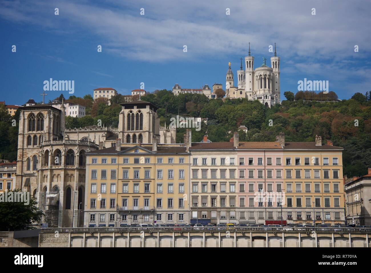View across the Saone river of Vieux Lyon (English: old Lyon). Stock Photo