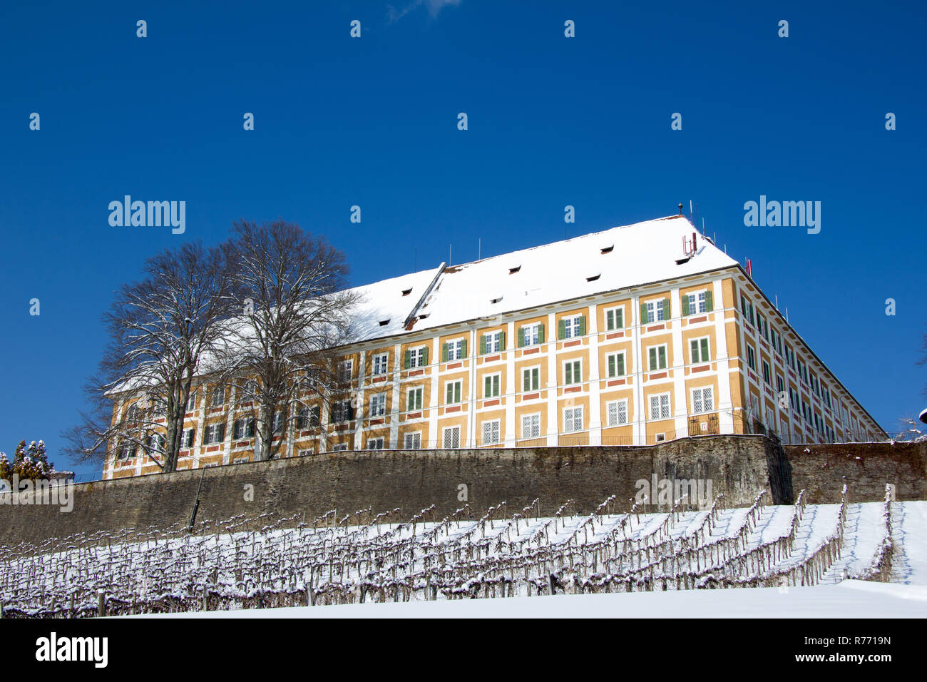 castle stainz partly covered with snow in winter at the day Stock Photo